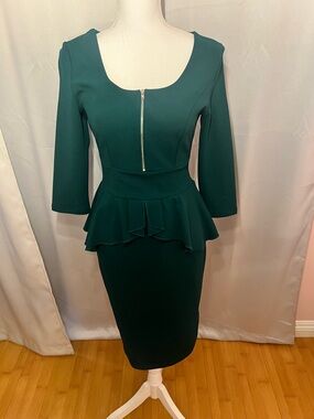 Forest Green Peplum Sheath Dress with Front Zip - SIZE S